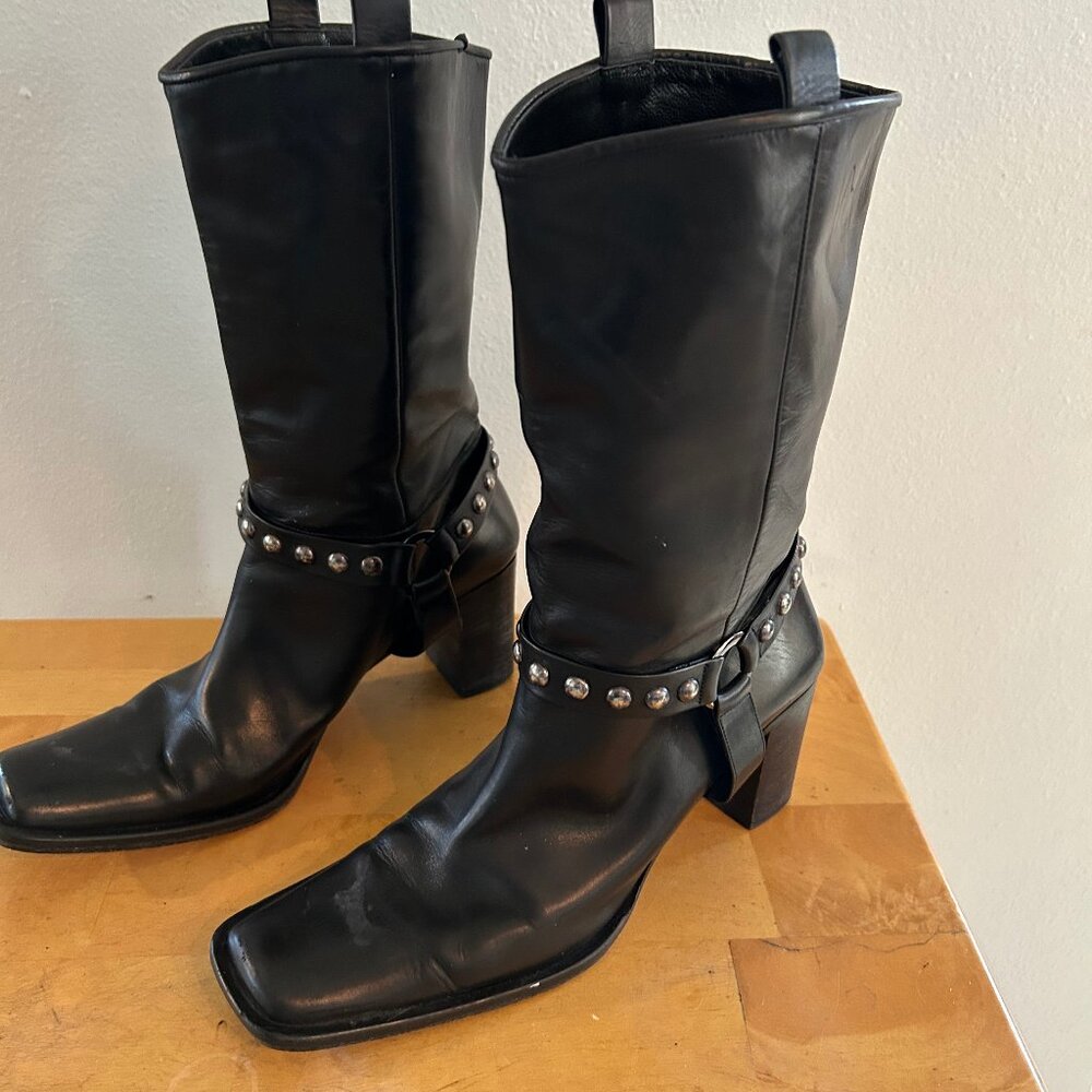 Made In Italy Mid Calf Black Leather Woman's Boot with Block Heel